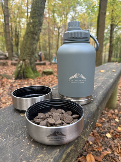 Fido's Trails 3-in-1 Water Bottle with Detachable Bowls – For Dogs & Owners, 1 Litre Mountain Grey