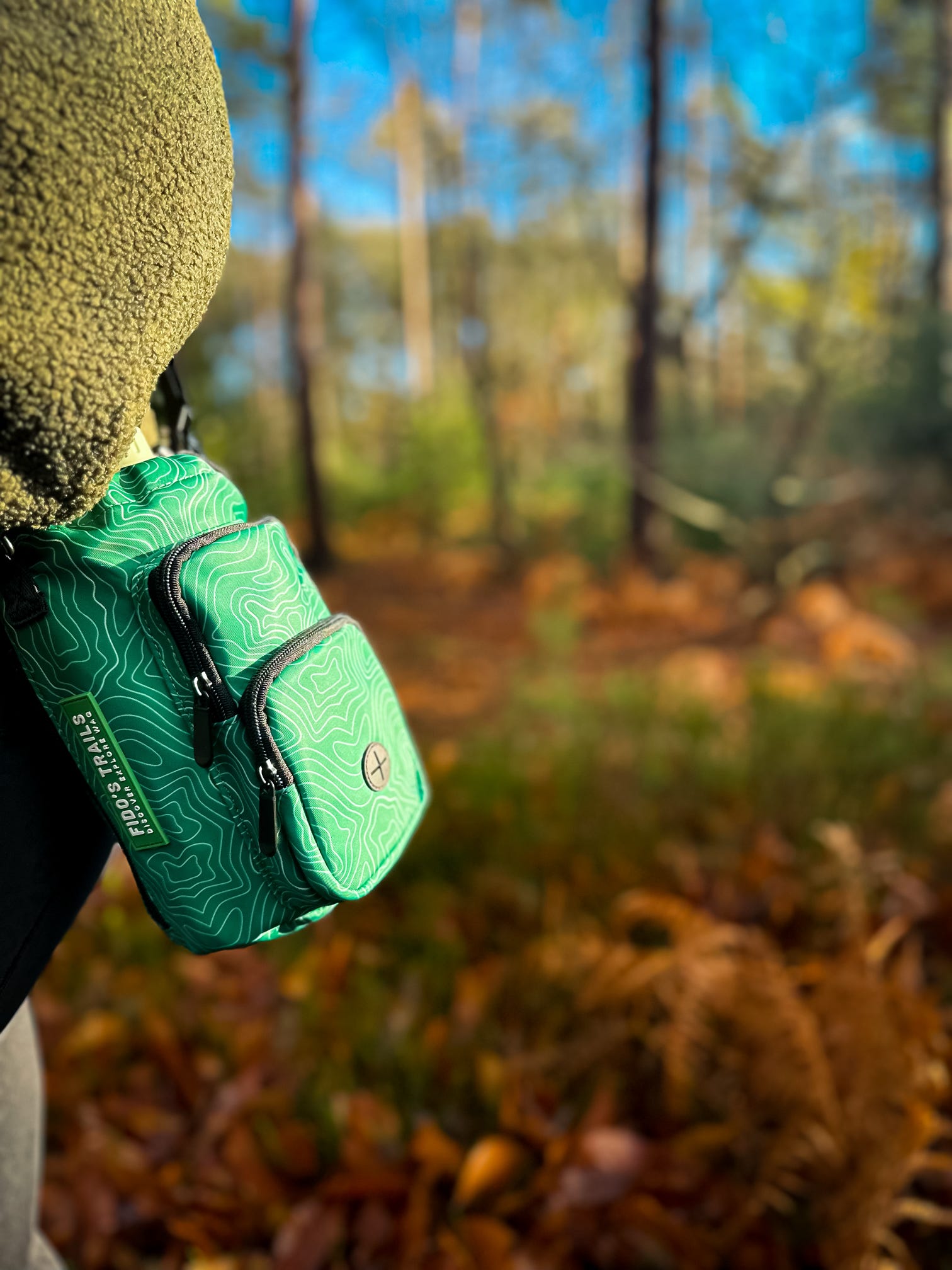 Close-up of Contour Trail pattern on dog water bottle bag, durable and lightweight outdoor design