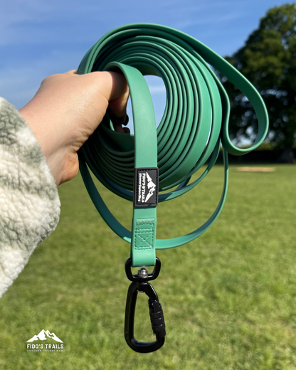 Dog long line training lead coiled in hand, designed for control and ease during walks