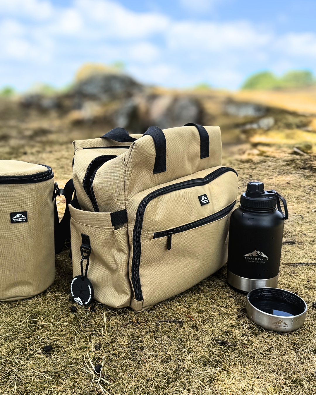 Dog weekender travel bag set with water bottle and bowl, designed for outdoor adventures and overnight trips